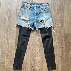 R13 Denim Dylan Shredded Jean Short Chaps Attached Layered Black Leather Legging